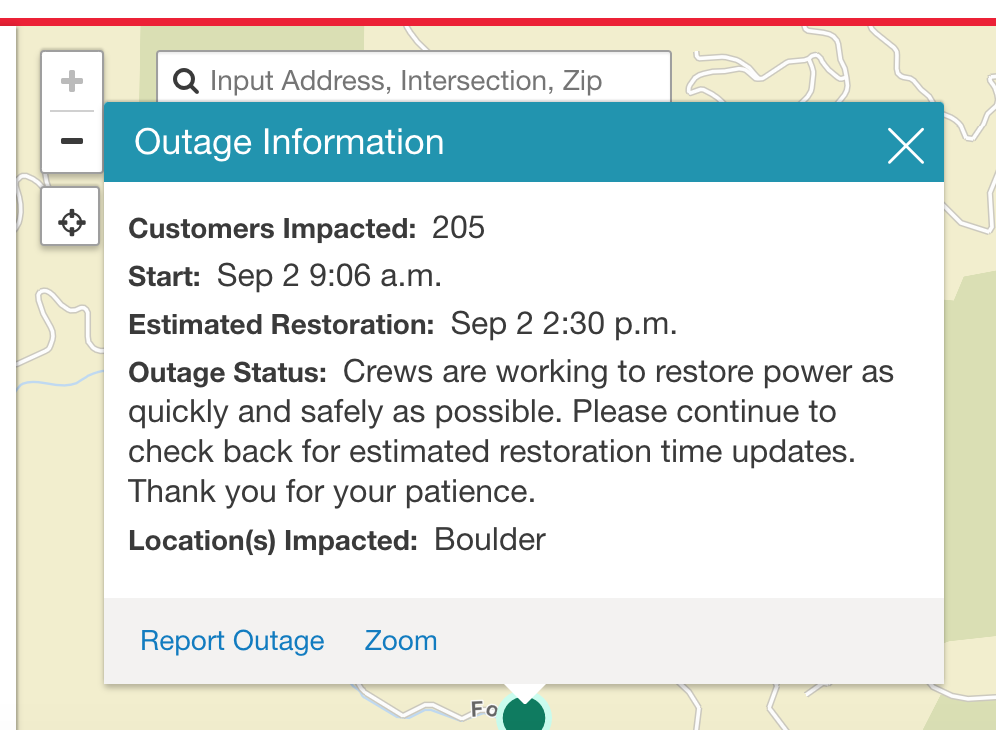 Excel Power Outage information